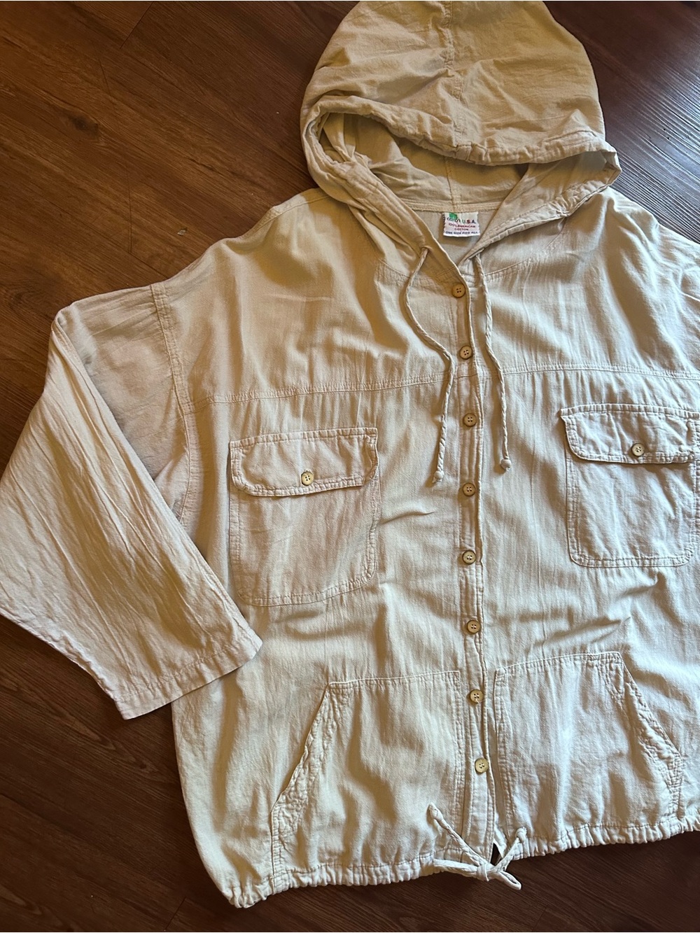 Light Beige Hooded Button-Down Oversized Shirt Jacket 100% Cotton